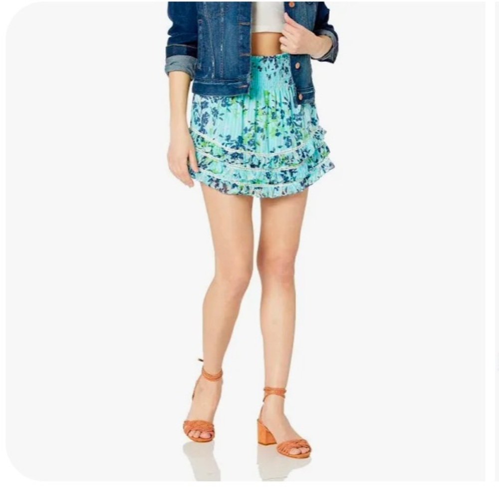 Ramy Brook Women’s Dixie Floral Mini Skirt Turk Combo Medium Ruffle Smocked